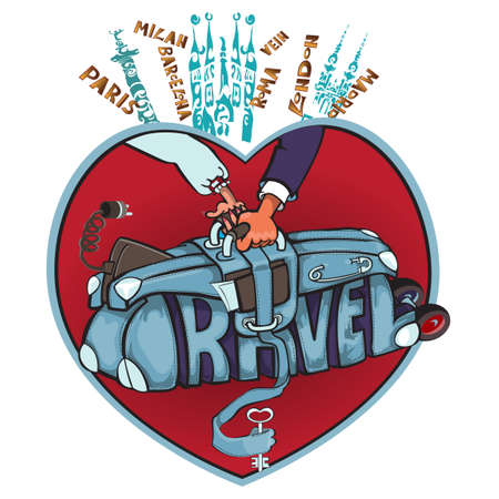 Trip to Asia. Travel to Asia. Vacation to Asia. Time to travel. Road trip. Tourism to Asia. Travel banner. Open suitcase with landmarks. Travelling illustration. Wanderlust. Flat style. EPS 10のイラスト素材