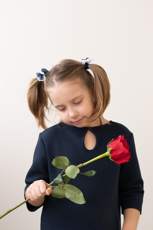 little girl stands with a red roseの写真素材