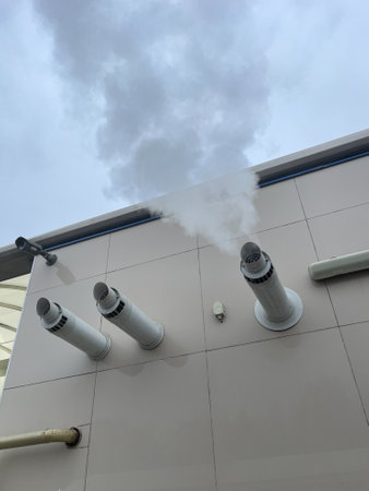Smoke from the chimney of a modern building on a cloudy dayの写真素材