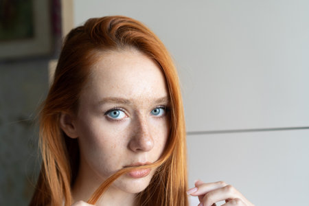 Portrait of a red-haired girl with freckles on her faceの写真素材