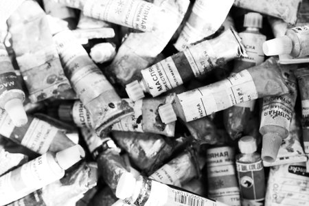 Paint tubes in black and white. Monochrome image.の写真素材