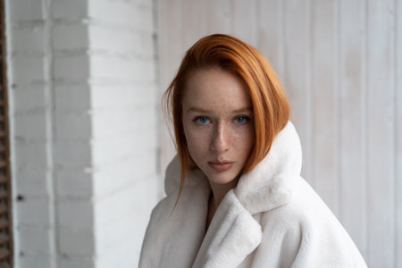 Portrait of a red-haired girl with freckles in a white dressing gown.の写真素材