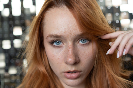 Portrait of a beautiful young redhead woman with frecklesの写真素材