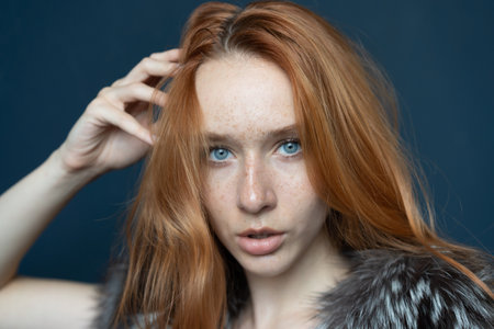 Portrait of a red-haired girl with freckles on her faceの写真素材
