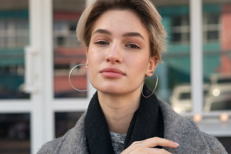 Close up portrait of a beautiful young woman with short hair, natural make-up, wearing a grey coat and black earrings.の写真素材