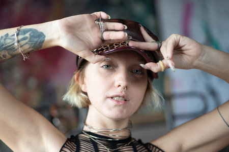 Portrait of a beautiful girl in a leather hat and with tattoosの写真素材