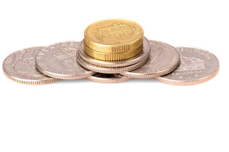 Close-up view to sweden krona coins in stack on white background with free space for text. Not...