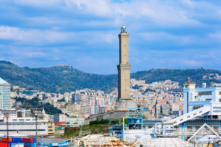 La Lanterna, ancient lighthouse and symbol of the city of Genoa, Italyの写真素材