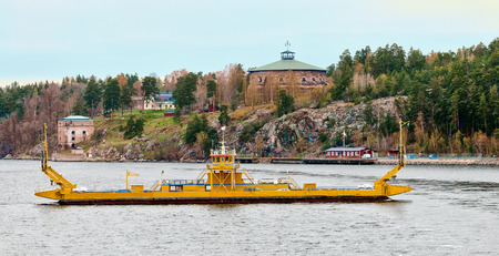 Small ferry near Vaxholm, Sweden at overcast morningのeditorial素材