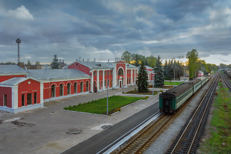 Sunset at railway station Velikie Luki, Pskov Oblast, Russiaのeditorial素材