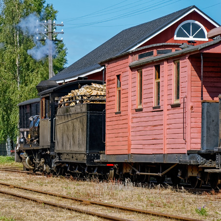Narrow gauge steam locomotive with passenger carriage on rural station