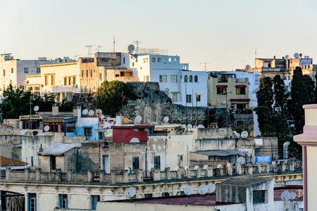 Skyline of medieval town Tangier, Morocco. It is located on the North African coast at the western entrance to the Strait of Gibraltarの写真素材