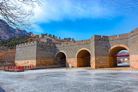 Winter Nine-Arch Bridge and Great Wall at Nine Water Gates section of the Great Wall known as the "Great Wall over Water".の写真素材