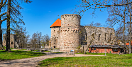 View of ruins of the beautiful castle in town of Cesis was a residence of the Livonian order (teutonic knights) in the middle ages, Latvia.のeditorial素材
