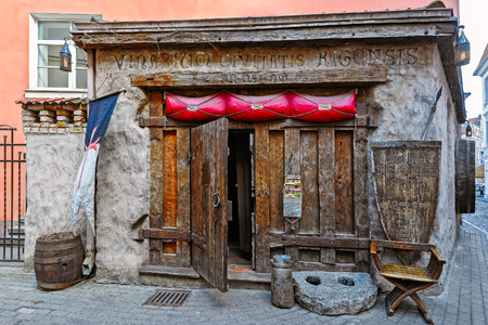 One of the many quaint little narrow streets in the old town region of Riga, Latviaのeditorial素材