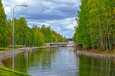Gateway to Vaaksy Canal - an important transportation channel that connects Lake Vesijarvi and largest lake Paijanne and most popular freshwater canal in Finland. Asikkala (Vaaksy), Finland. The canal was built in 1869-71 and completed in 1903-06.の写真素材