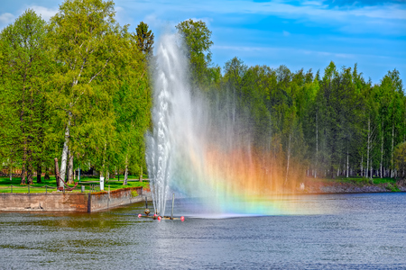 Fountain with rainbow in Kokemanjoki river. Pori, Finlandの写真素材