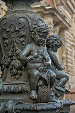 Close-up view to decorated street lamp near the Museum of Applied Arts on Solyan Lane in Saint-Petersburg, Russiaのeditorial素材