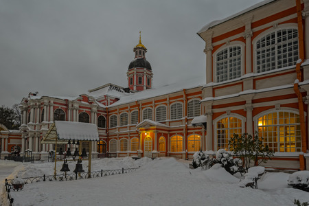 Lighted windows of Alexander Nevsky lavra at a frosty winter evening. Saint Petersburg, Russia.のeditorial素材