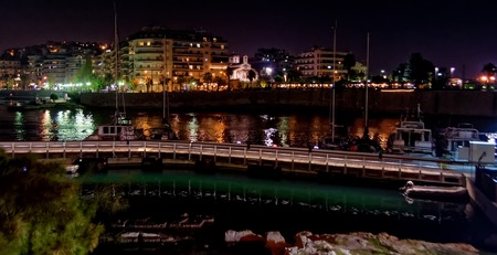 Night view of Piraeus Marina in Athens, Greeceの写真素材