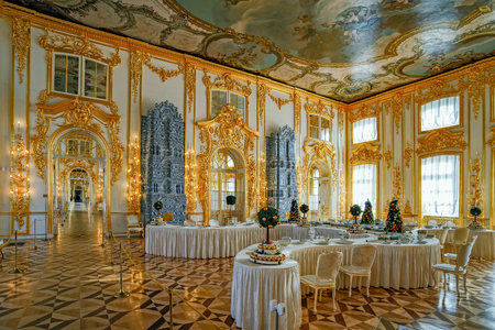 Sweet table in ornate interior of Catherine Palace banquet room in Tsarskoe Selo (Pushkin), St. Petersburg, Russiaのeditorial素材