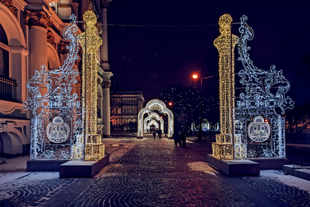 ST.PETERSBURG, RUSSIA - December 29, 2016: New Year and Christmas lighting decoration of the city -- Park alley with light tunnel near Winter Palaceのeditorial素材