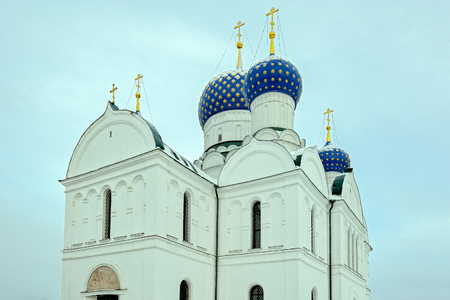 Blue domes of the orthodox Bogoyavlensky Cathedral of Epiphany Monastery in the town of Uglich, Russia at winter twilightのeditorial素材