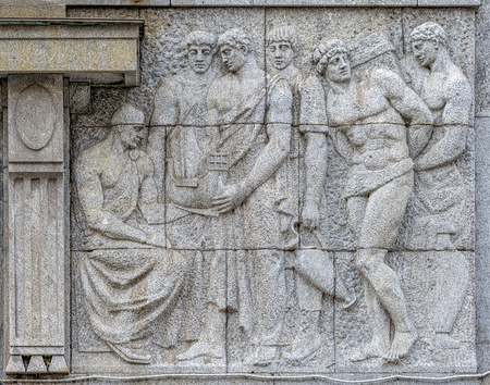 Sculptural decoration on the Northern Moderne style Azov-Don Bank Building from grey Karelian granite with sculptures and bas-reliefs by Vasiliy Kuznetsov (1912-1913).のeditorial素材