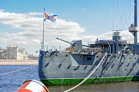 The legendary revolutionary ship-museum Cruiser Aurora at Neva river in Saint-Petersburg, Russia.のeditorial素材
