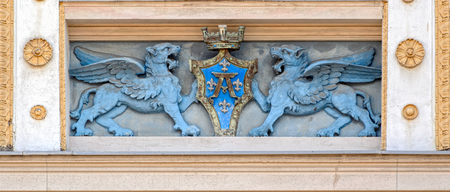 Richly decorated facade of the House of the Estates with bas-relief of Griffins with coat of arms.のeditorial素材