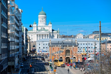 Etelasatama - South Harbour of Helsinki with the Lutheran Cathedral Tuomiokirkko on the skyline and Old Market Hall (Vanha kauppahalli).のeditorial素材