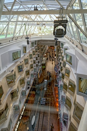 Early mornig top view to centerline promenade of the cruiseferry MS Silja Serenade during the cruise from Helsinki to Stockholm. The ferry was built in 1991.のeditorial素材