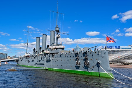 ST.PETERSBURG, RUSSIA - May 03, 2017: The legendary revolutionary ship-museum Cruiser Aurora at Neva river in Saint-Petersburg, Russia.のeditorial素材