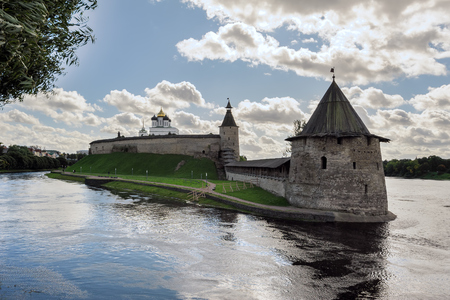 Flat tower on the spit of river Pskova and Velikaya. Pskov Kremlin.の写真素材