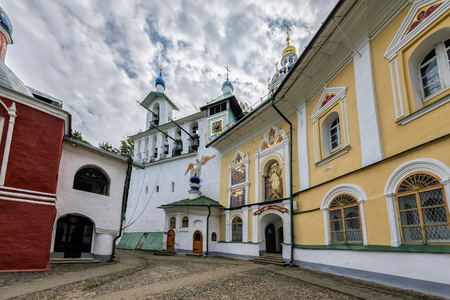 PECHORY, RUSSIA - Sep 17, 2017: Entrance to the Pskov Caves, next to the Church of the Dormition of the Theotokos in the Pskovo-Pechersky Dormition Monastery.のeditorial素材