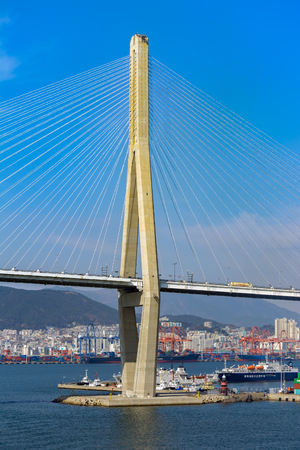BUSAN, SOUTH KOREA - Feb 19, 2017: Pillar of Busan North Port Bridge (also known as Bukhang (Busan Harbor) Bridge), the 2nd longest cable-stayed bridge in Korea.のeditorial素材