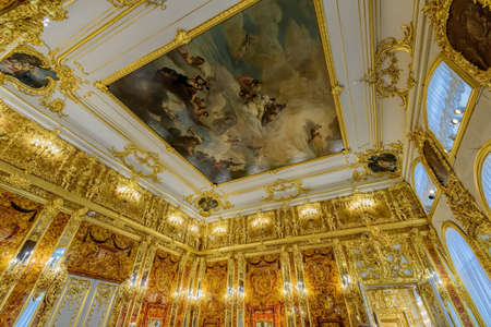 The newly renovated Amber Room (Amber Chamber) in the Catherine Palace is a complete chamber...