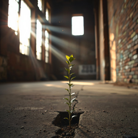 Young sprout growing from a crack in the ground in an industrial buildingの素材