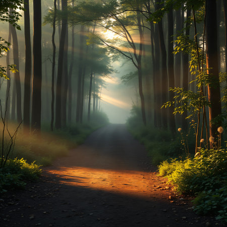 Morning in the forest with sunbeams and rays of light.の素材