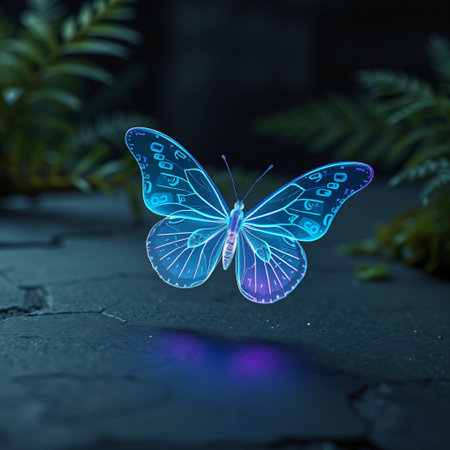 Butterfly with glowing blue wings on cracked ground. 3D renderingの素材