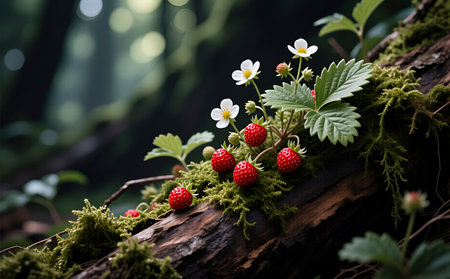 Stunning view of wild raspberries on a mossy branch in a lush green forest, perfect for nature and organic themes. Captures the earthy tones and vivid red fruit for ecological andの素材
