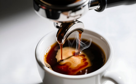 espresso pouring into a cup of coffee, shallow depth of fieldの素材