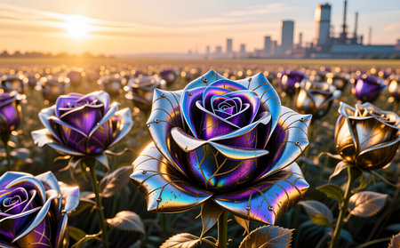 Beautiful roses blooming in the field at sunset. Concept of love and Valentine's Dayの素材