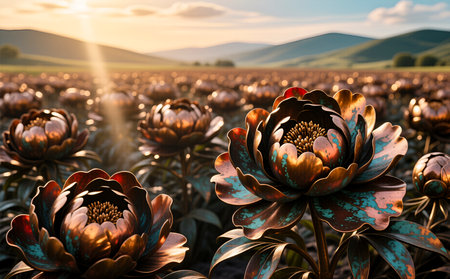 Beautiful flowers in the field at sunset time. Nature background.の素材