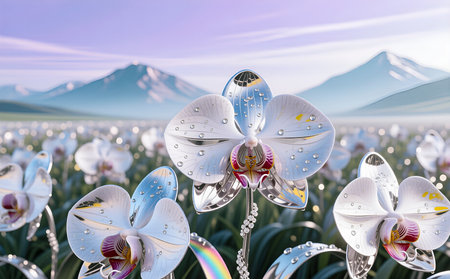 White and blue orchids in the field with Mount Fuji backgroundの素材