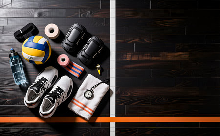 Sports equipment on a wooden background. Top view. Copy space.の素材