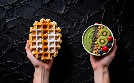 cropped shot of woman holding plate with tasty belgian waffles on black backgroundの素材