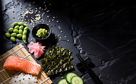 Japanese cuisine. Sushi set on black stone background with copy spaceの素材