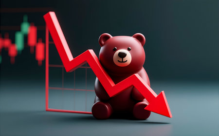 Bear and red arrow graph on dark background. 3d illustration.の素材