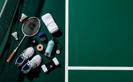 Sport equipment on green tennis court background. Top view. Copy space.の素材
